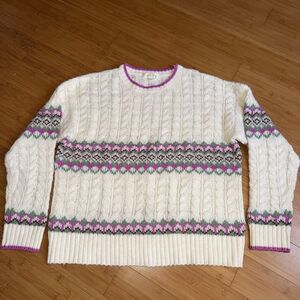 Sugar Moon Cable Knit Sweater L Ivory Pink Fair Isle Cozy Grandma Cottagecore